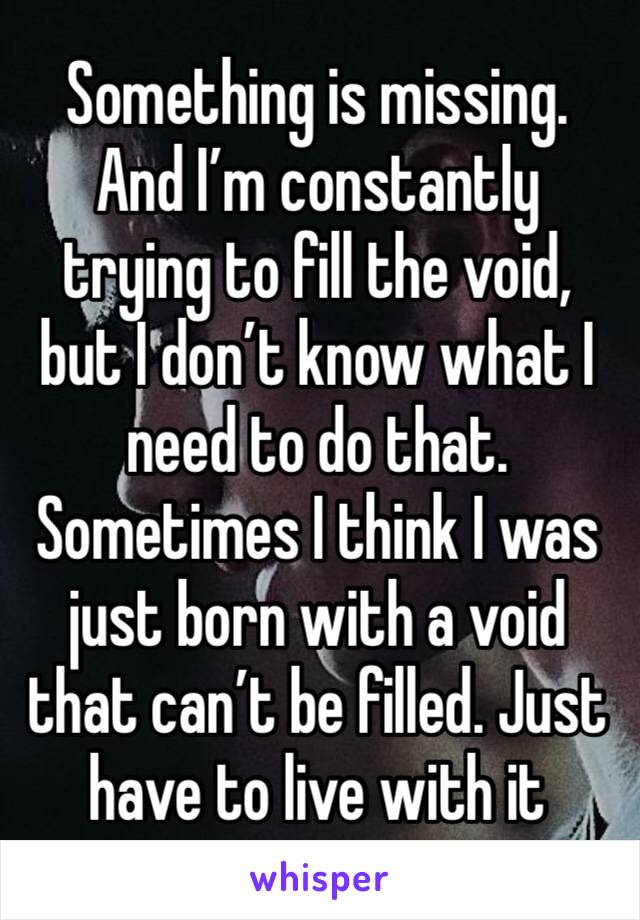 Something is missing. And I’m constantly trying to fill the void, but I don’t know what I need to do that. Sometimes I think I was just born with a void that can’t be filled. Just have to live with it