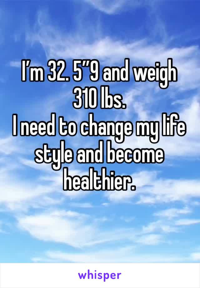 I’m 32. 5”9 and weigh 310 lbs. 
I need to change my life style and become healthier. 