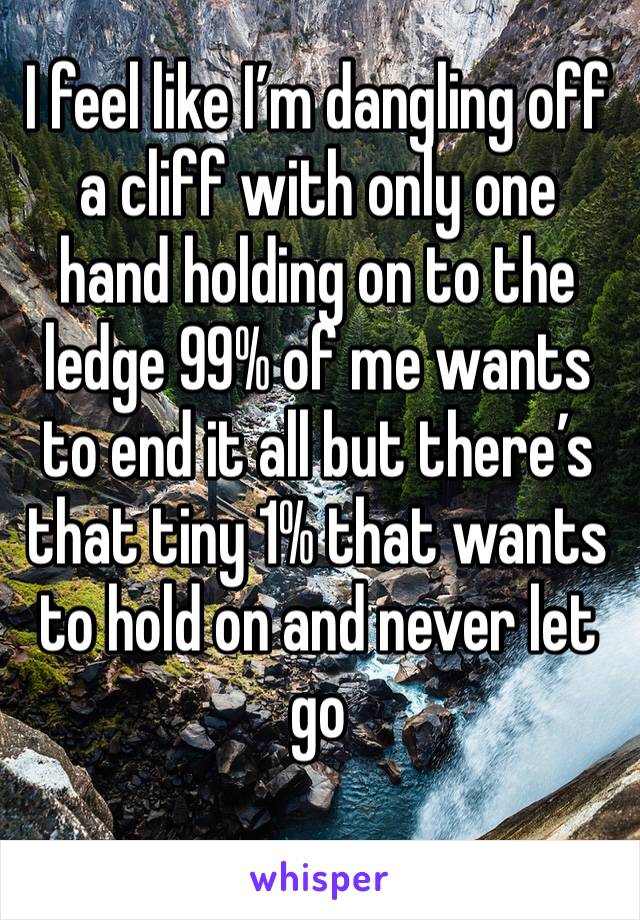 I feel like I’m dangling off a cliff with only one hand holding on to the ledge 99% of me wants to end it all but there’s that tiny 1% that wants to hold on and never let go