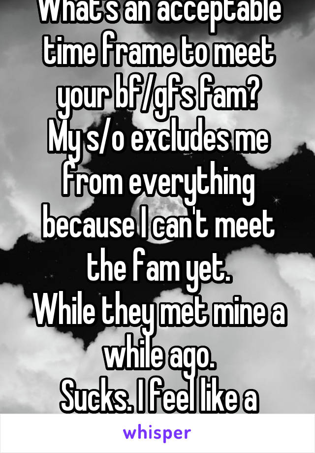 What's an acceptable time frame to meet your bf/gfs fam?
My s/o excludes me from everything because I can't meet the fam yet.
While they met mine a while ago.
Sucks. I feel like a secret.