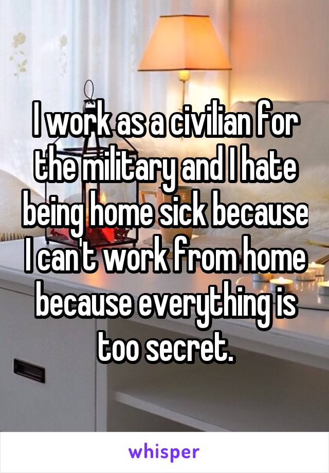 I work as a civilian for the military and I hate being home sick because I can't work from home because everything is too secret.