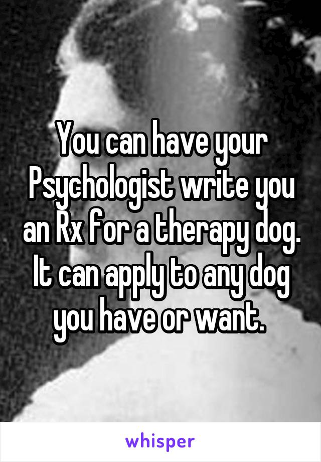 You can have your Psychologist write you an Rx for a therapy dog. It can apply to any dog you have or want. 