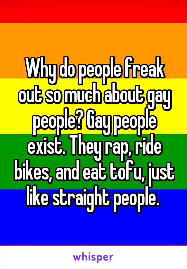 Why do people freak out so much about gay people? Gay people exist. They rap, ride bikes, and eat tofu, just like straight people. 