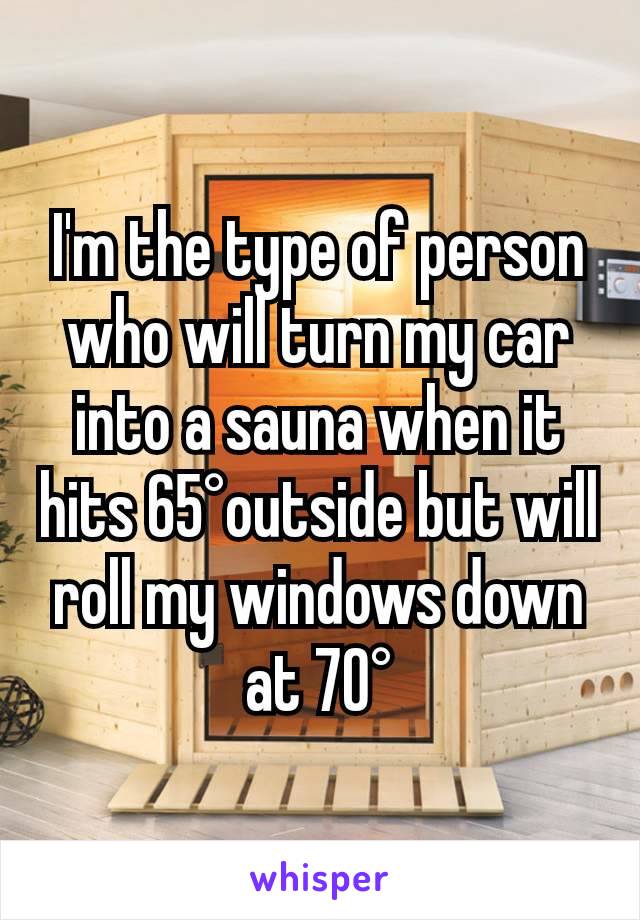 I'm the type of person who will turn my car into a sauna when it hits 65°outside but will roll my windows down at 70°