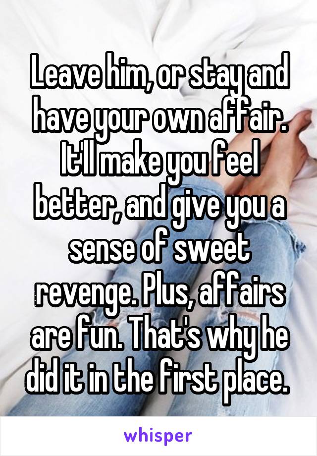 Leave him, or stay and have your own affair. It'll make you feel better, and give you a sense of sweet revenge. Plus, affairs are fun. That's why he did it in the first place. 