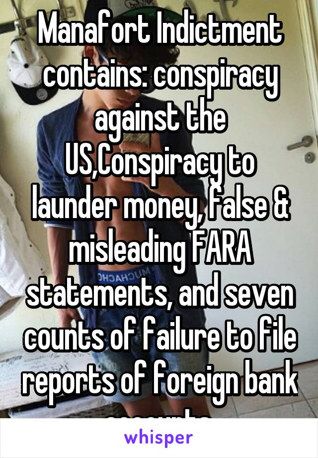 Manafort Indictment contains: conspiracy against the US,Conspiracy to launder money, false & misleading FARA statements, and seven counts of failure to file reports of foreign bank accounts.