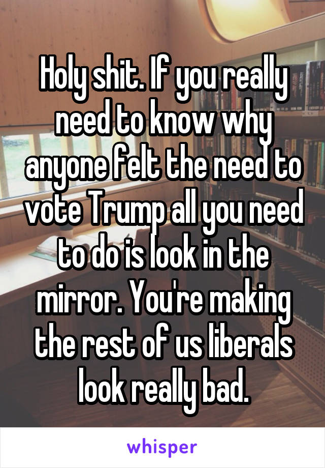 Holy shit. If you really need to know why anyone felt the need to vote Trump all you need to do is look in the mirror. You're making the rest of us liberals look really bad.