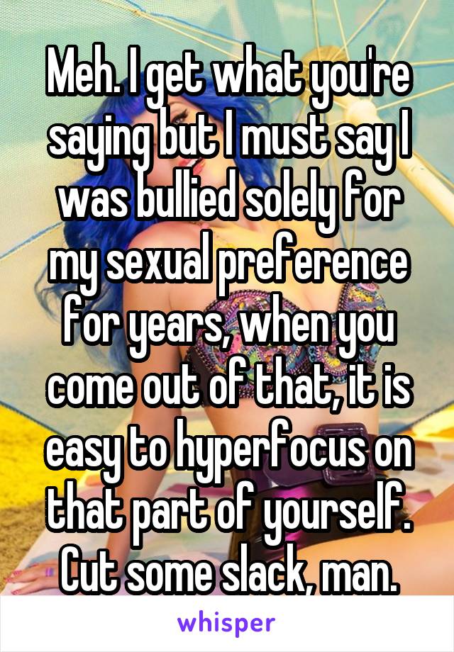 Meh. I get what you're saying but I must say I was bullied solely for my sexual preference for years, when you come out of that, it is easy to hyperfocus on that part of yourself. Cut some slack, man.