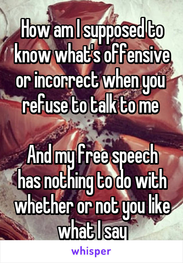 How am I supposed to know what's offensive or incorrect when you  refuse to talk to me 

And my free speech has nothing to do with whether or not you like what I say