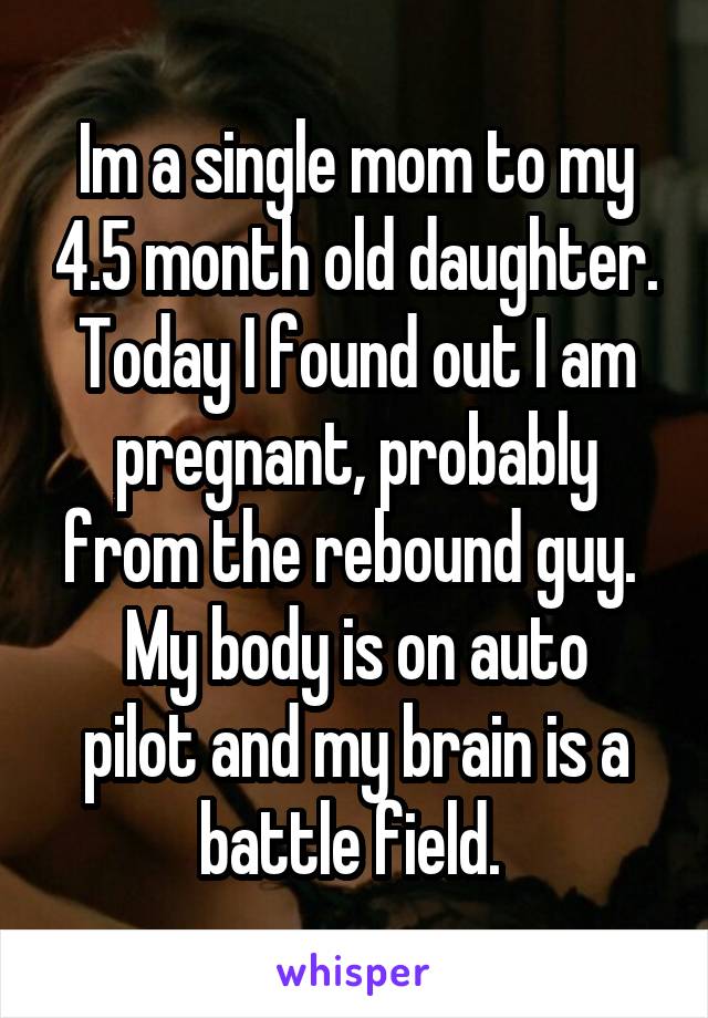 Im a single mom to my 4.5 month old daughter. Today I found out I am pregnant, probably from the rebound guy. 
My body is on auto pilot and my brain is a battle field. 