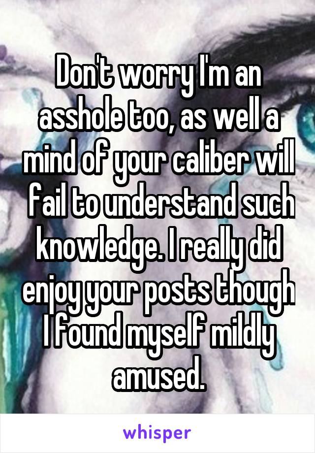 Don't worry I'm an asshole too, as well a mind of your caliber will  fail to understand such knowledge. I really did enjoy your posts though I found myself mildly amused.