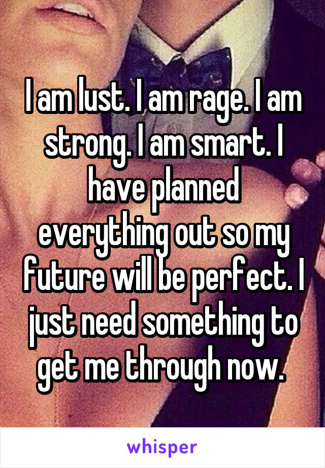 I am lust. I am rage. I am strong. I am smart. I have planned everything out so my future will be perfect. I just need something to get me through now. 