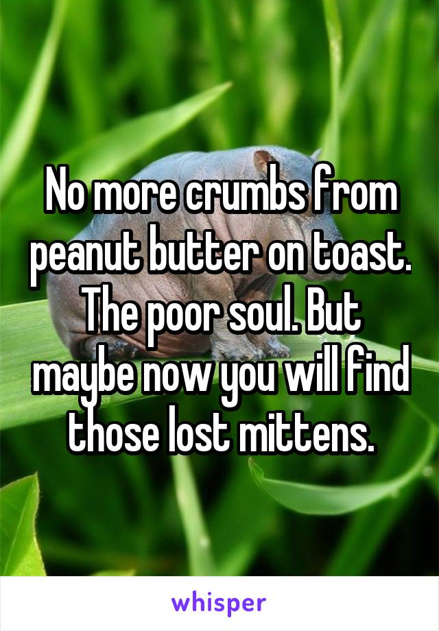 No more crumbs from peanut butter on toast. The poor soul. But maybe now you will find those lost mittens.