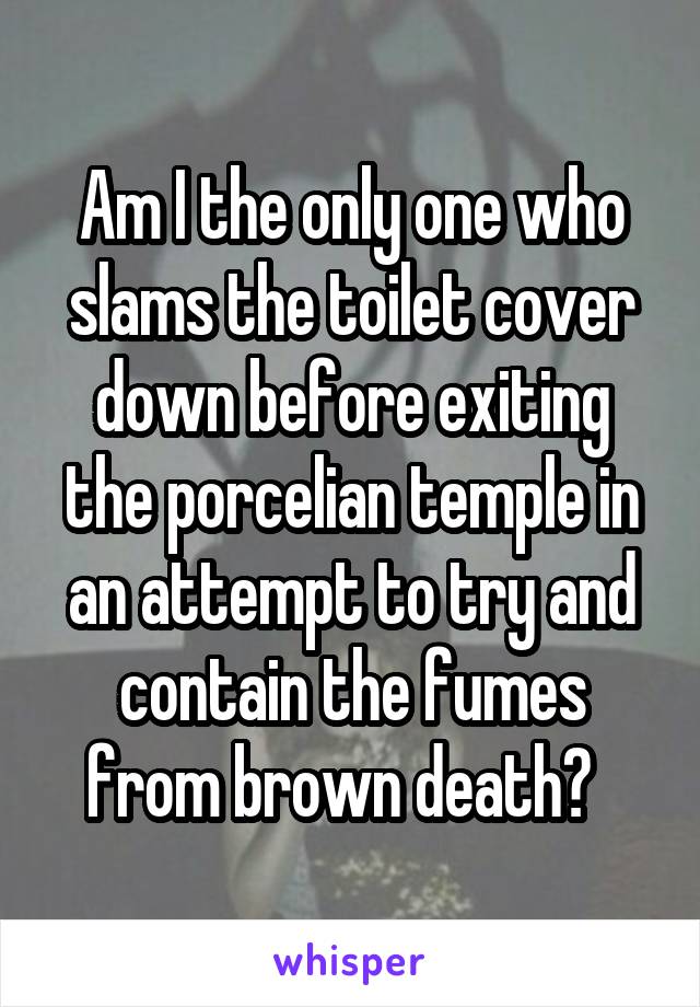 Am I the only one who slams the toilet cover down before exiting the porcelian temple in an attempt to try and contain the fumes from brown death?  