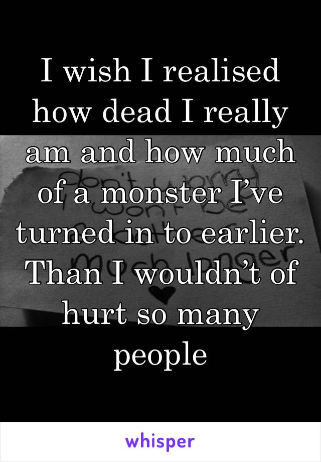 I wish I realised how dead I really am and how much of a monster I’ve turned in to earlier. Than I wouldn’t of hurt so many people 