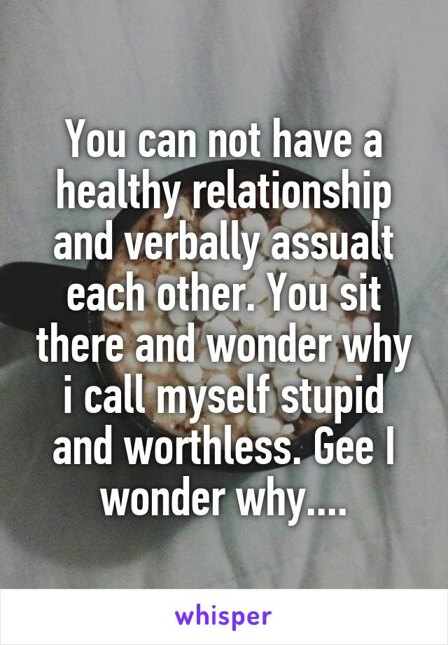 You can not have a healthy relationship and verbally assualt each other. You sit there and wonder why i call myself stupid and worthless. Gee I wonder why....