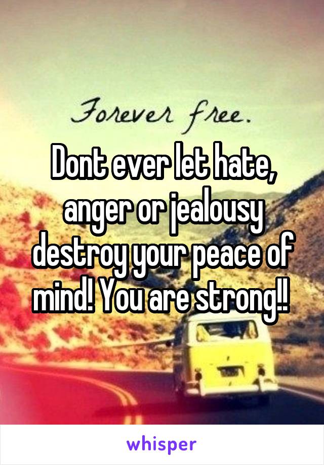 Dont ever let hate, anger or jealousy destroy your peace of mind! You are strong!! 