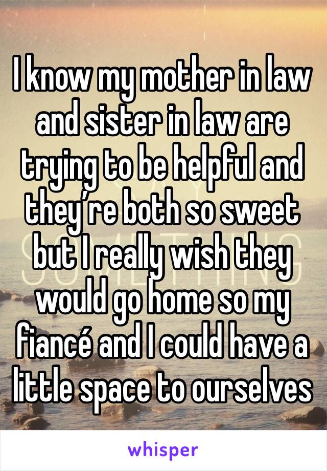I know my mother in law and sister in law are trying to be helpful and they’re both so sweet but I really wish they would go home so my fiancé and I could have a little space to ourselves 