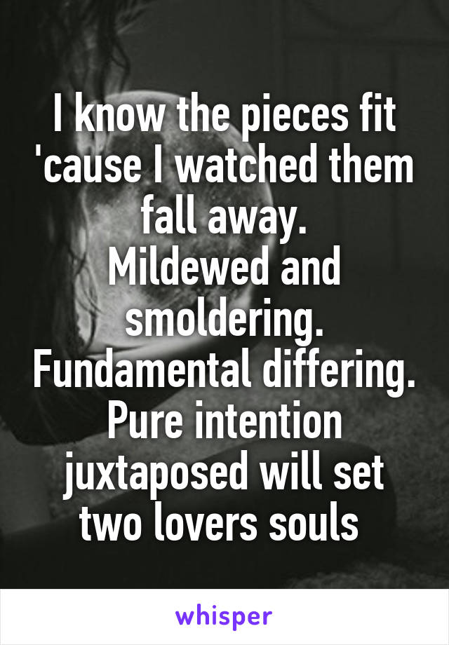 I know the pieces fit 'cause I watched them fall away.
Mildewed and smoldering. Fundamental differing.
Pure intention juxtaposed will set two lovers souls 