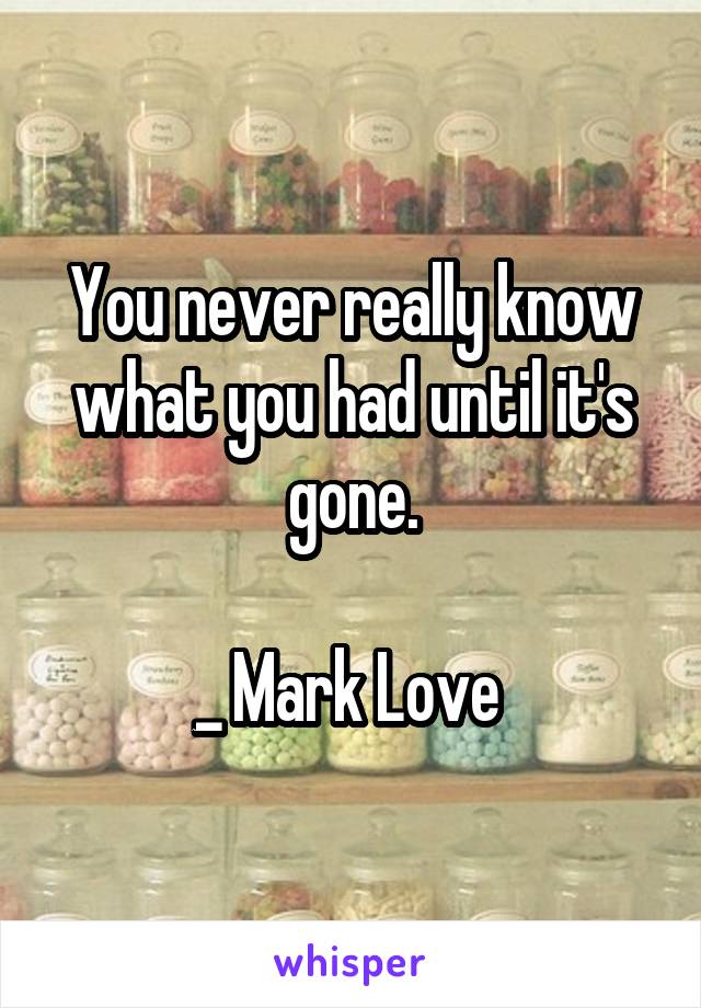 You never really know what you had until it's gone.

_ Mark Love 