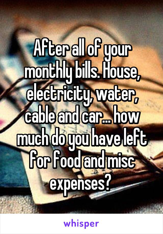 After all of your monthly bills. House, electricity, water, cable and car... how much do you have left for food and misc expenses? 