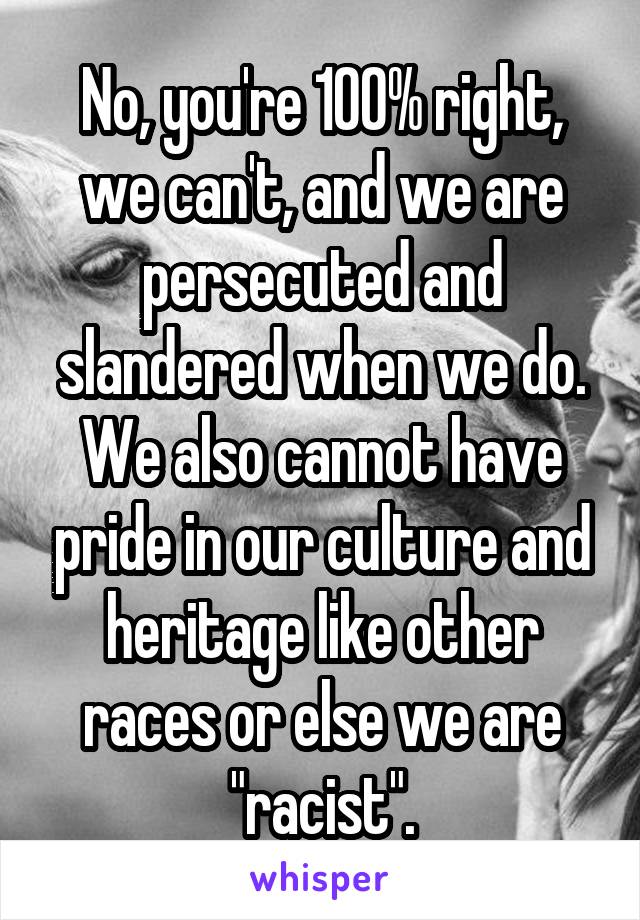 No, you're 100% right, we can't, and we are persecuted and slandered when we do. We also cannot have pride in our culture and heritage like other races or else we are "racist".