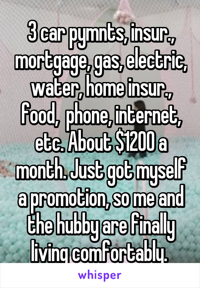 3 car pymnts, insur., mortgage, gas, electric, water, home insur., food,  phone, internet, etc. About $1200 a month. Just got myself a promotion, so me and the hubby are finally living comfortably. 