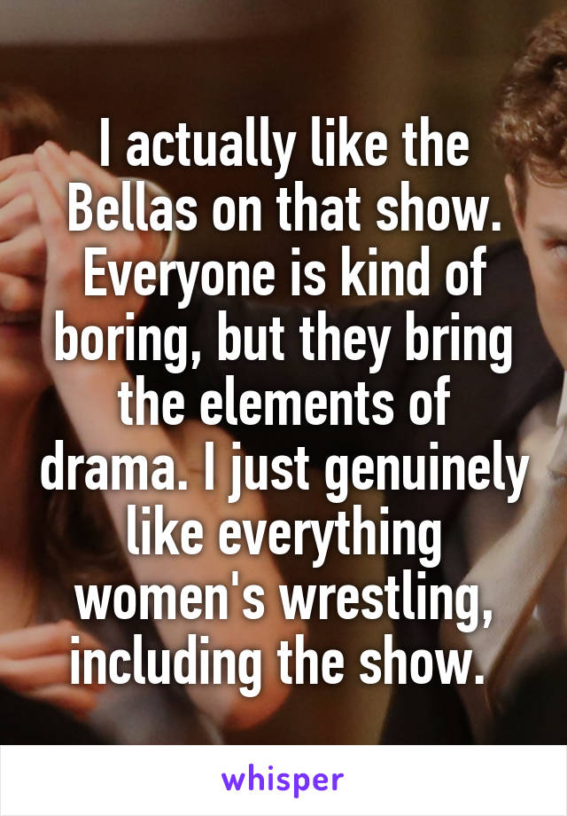 I actually like the Bellas on that show. Everyone is kind of boring, but they bring the elements of drama. I just genuinely like everything women's wrestling, including the show. 