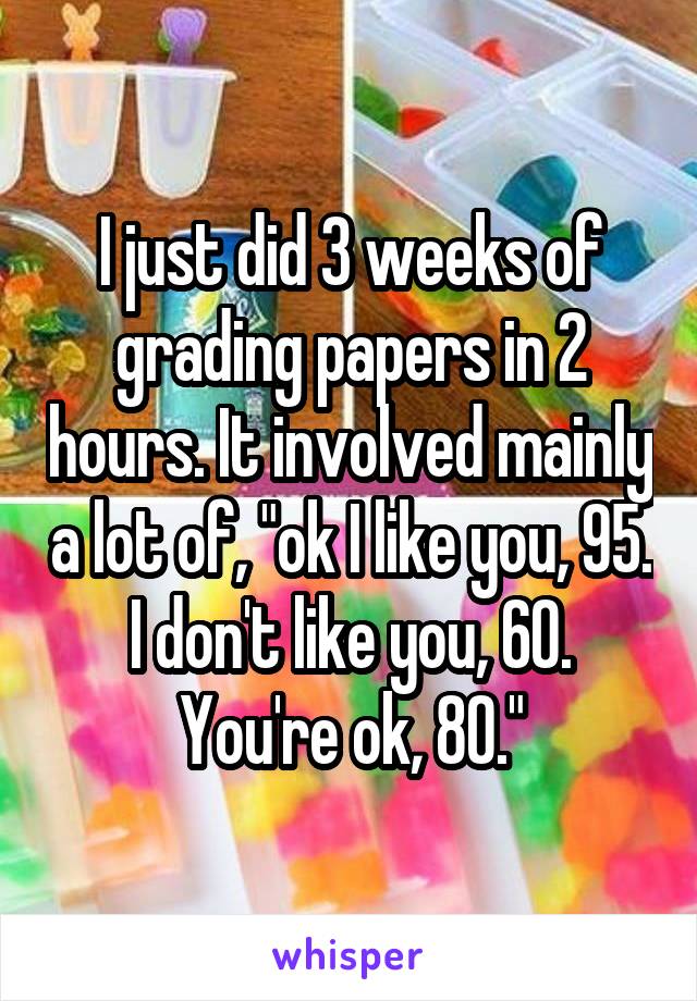 I just did 3 weeks of grading papers in 2 hours. It involved mainly a lot of, "ok I like you, 95. I don't like you, 60. You're ok, 80."