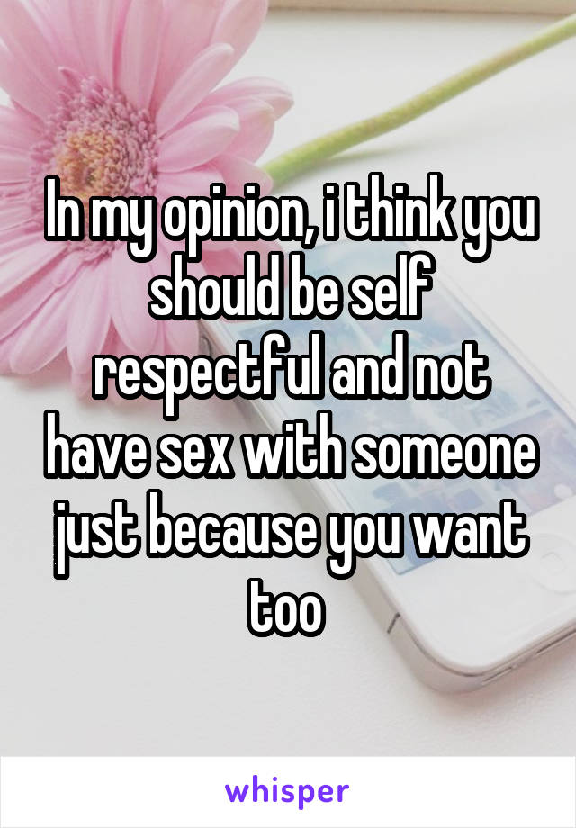 In my opinion, i think you should be self respectful and not have sex with someone just because you want too 