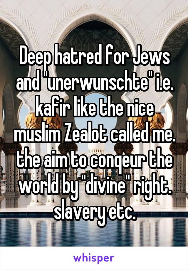 Deep hatred for Jews and "unerwunschte" i.e. kafir like the nice muslim Zealot called me.
the aim to conqeur the world by "divine" right.
slavery etc.