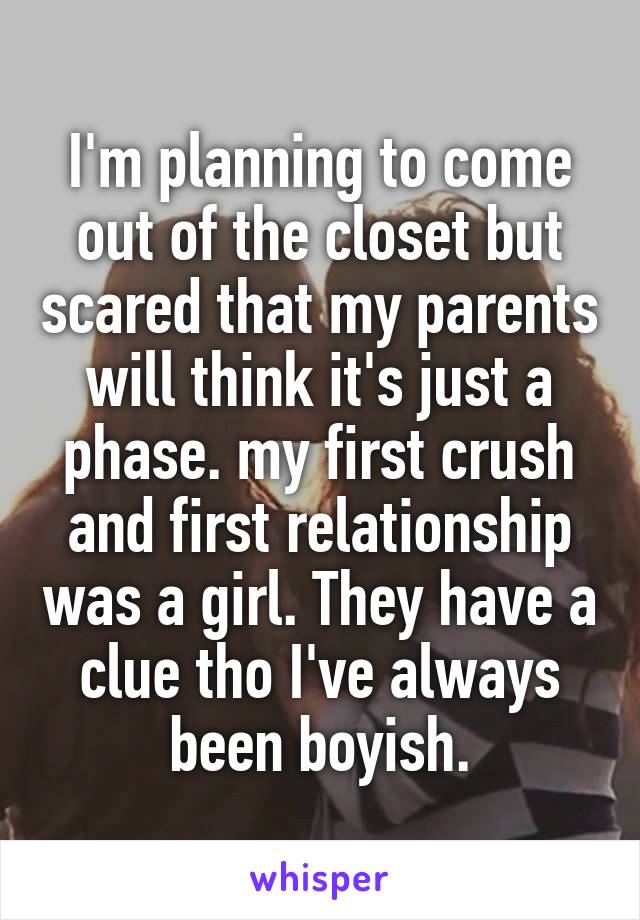 I'm planning to come out of the closet but scared that my parents will think it's just a phase. my first crush and first relationship was a girl. They have a clue tho I've always been boyish.