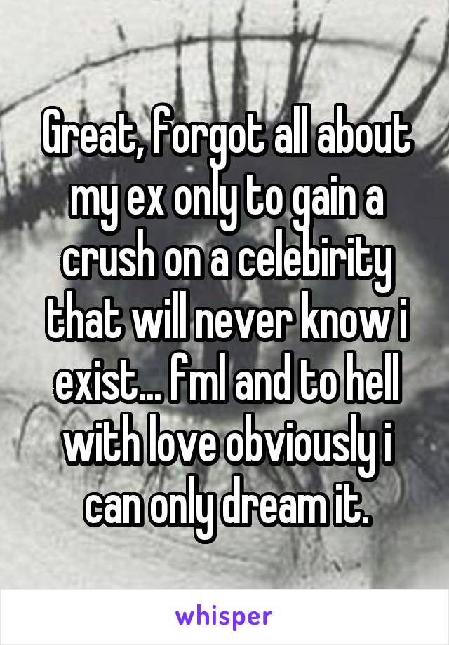 Great, forgot all about my ex only to gain a crush on a celebirity that will never know i exist... fml and to hell with love obviously i can only dream it.