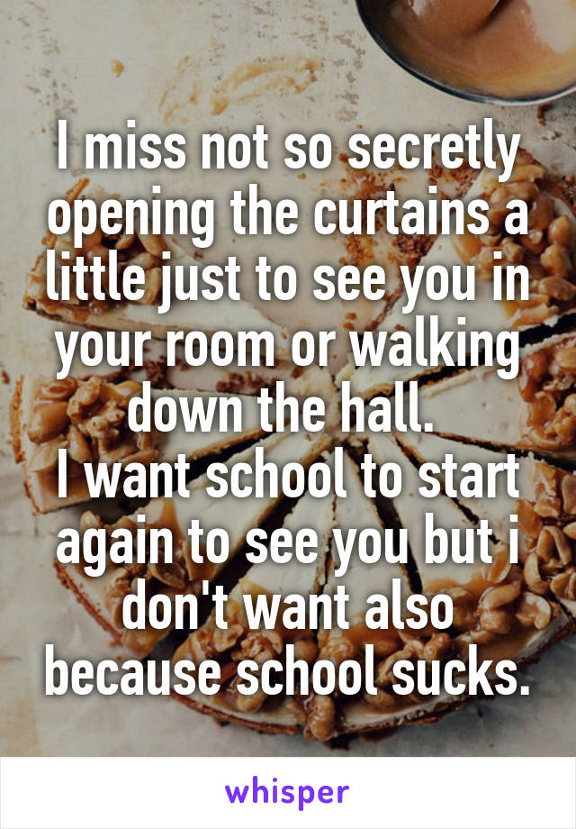 I miss not so secretly opening the curtains a little just to see you in your room or walking down the hall. 
I want school to start again to see you but i don't want also because school sucks.
