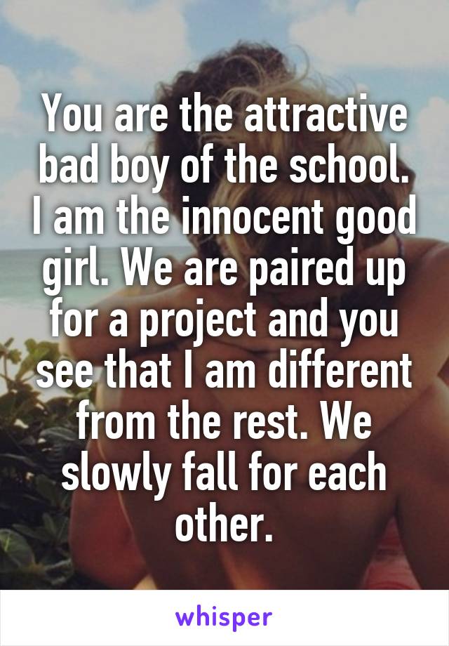 You are the attractive bad boy of the school. I am the innocent good girl. We are paired up for a project and you see that I am different from the rest. We slowly fall for each other.