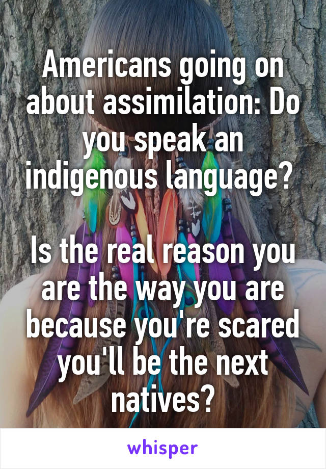 Americans going on about assimilation: Do you speak an indigenous language? 

Is the real reason you are the way you are because you're scared you'll be the next natives?