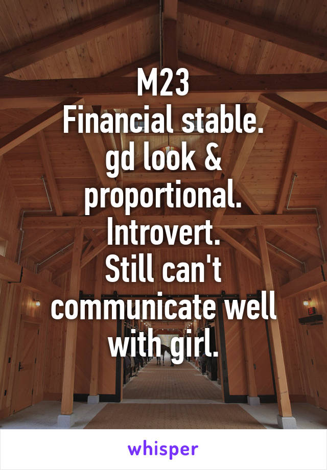 M23
Financial stable.
gd look & proportional.
Introvert.
Still can't communicate well with girl.
