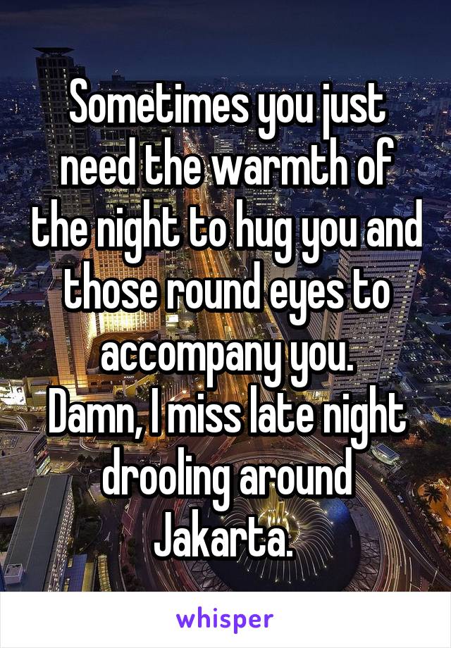 Sometimes you just need the warmth of the night to hug you and those round eyes to accompany you.
Damn, I miss late night drooling around Jakarta. 