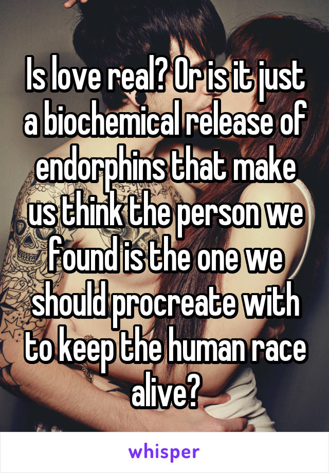 Is love real? Or is it just a biochemical release of endorphins that make us think the person we found is the one we should procreate with to keep the human race alive?