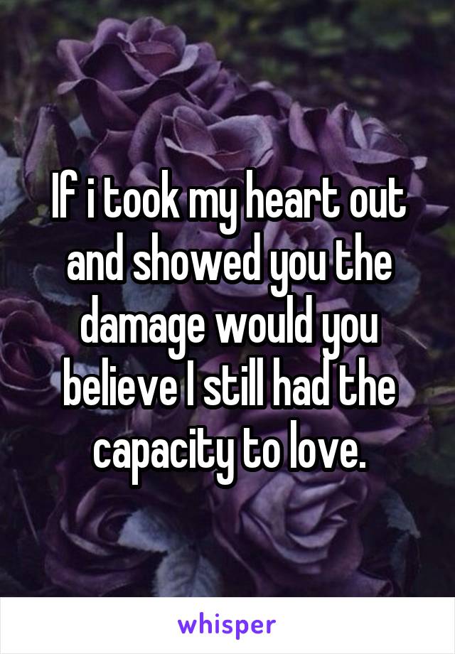 If i took my heart out and showed you the damage would you believe I still had the capacity to love.