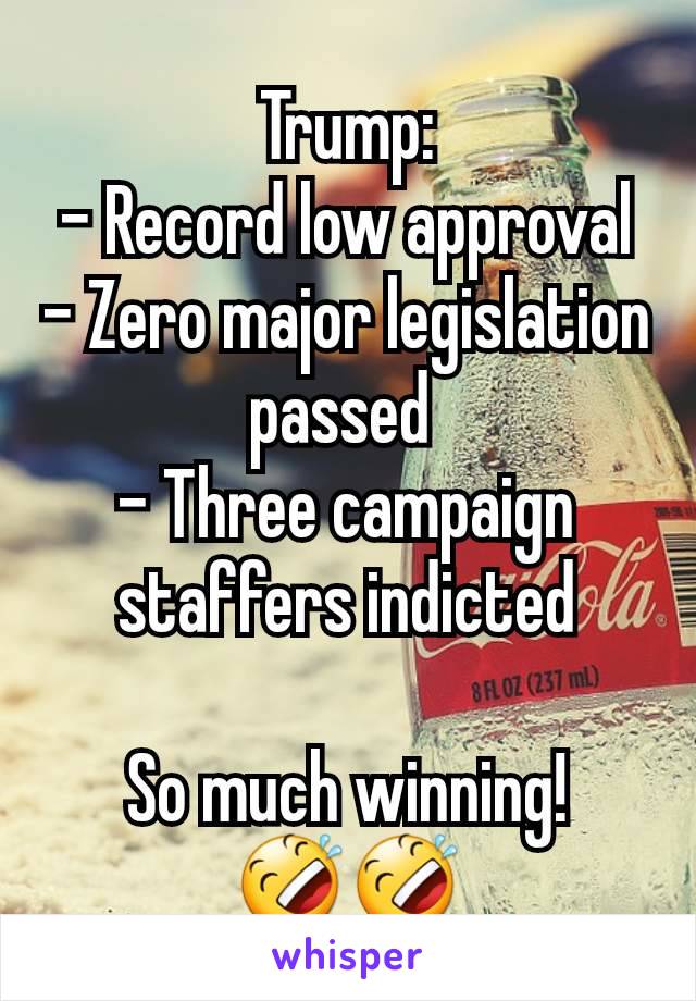 Trump:
- Record low approval
- Zero major legislation passed 
- Three campaign staffers indicted

So much winning!
🤣🤣