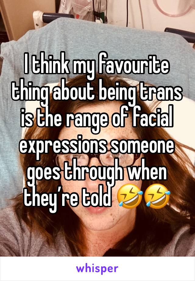 I think my favourite thing about being trans is the range of facial expressions someone goes through when they’re told 🤣🤣