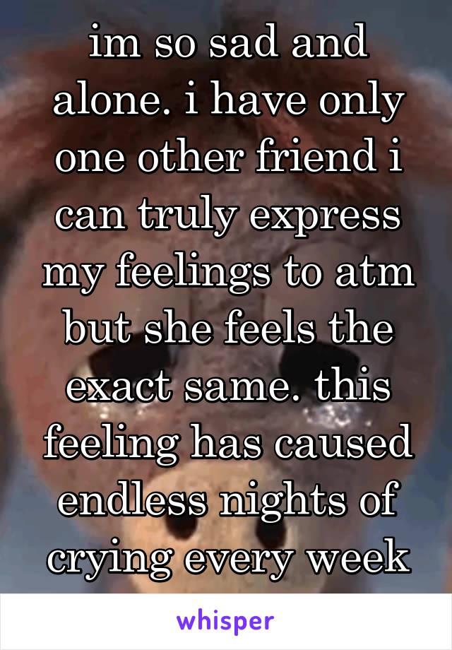 im so sad and alone. i have only one other friend i can truly express my feelings to atm but she feels the exact same. this feeling has caused endless nights of crying every week this month.