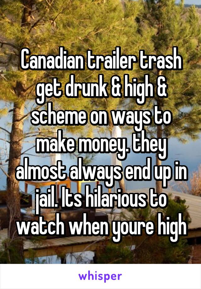 Canadian trailer trash get drunk & high & scheme on ways to make money. they almost always end up in jail. Its hilarious to watch when youre high