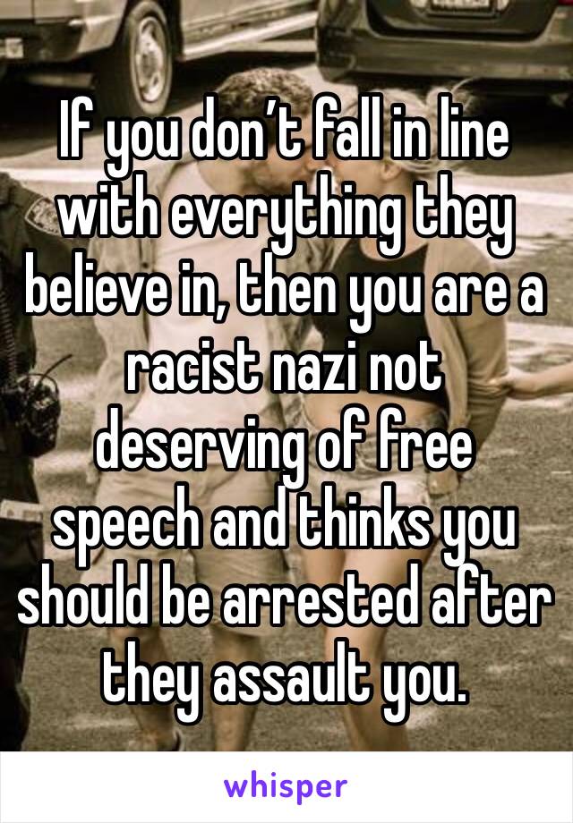 If you don’t fall in line with everything they believe in, then you are a racist nazi not deserving of free speech and thinks you should be arrested after they assault you.