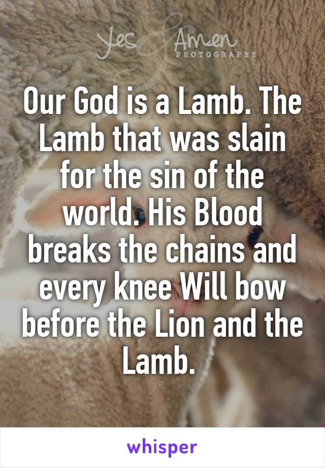 Our God is a Lamb. The Lamb that was slain for the sin of the world. His Blood breaks the chains and every knee Will bow before the Lion and the Lamb. 