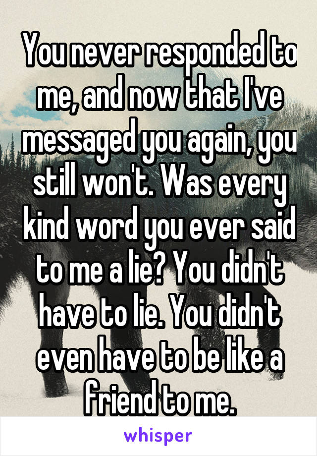 You never responded to me, and now that I've messaged you again, you still won't. Was every kind word you ever said to me a lie? You didn't have to lie. You didn't even have to be like a friend to me.