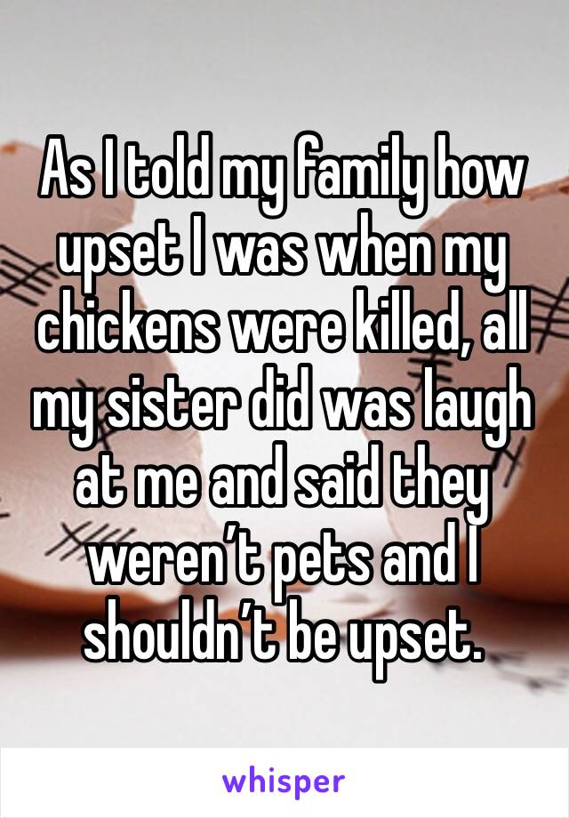 As I told my family how upset I was when my chickens were killed, all my sister did was laugh at me and said they weren’t pets and I shouldn’t be upset.