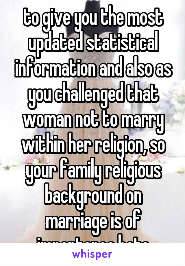 to give you the most updated statistical information and also as you challenged that woman not to marry within her religion, so your family religious background on marriage is of importance hete