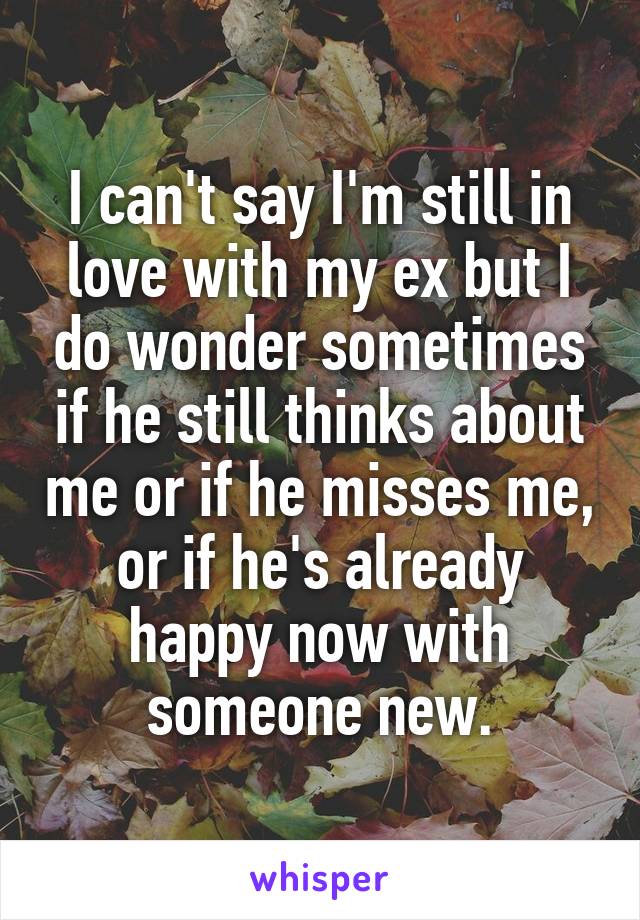 I can't say I'm still in love with my ex but I do wonder sometimes if he still thinks about me or if he misses me, or if he's already happy now with someone new.